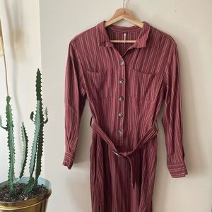 Free People Maroon Pinstripe Belted Midi Shirt Dress